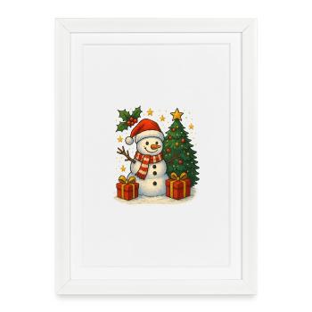 Bonhomme de neige de Noël avec sapin et cadeaux - Affiche encadrée (27 × 37 cm) - blanc - Devant