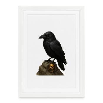 Corbeau sur roche et crâne doré - Affiche encadrée (27 × 37 cm) - blanc - Devant