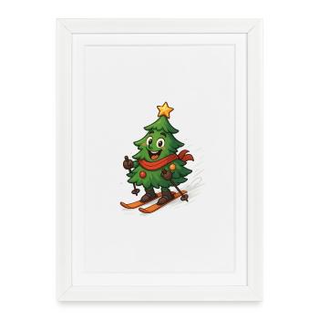 Sapin de Noël sur des skis - Affiche encadrée (27 × 37 cm) - blanc - Devant