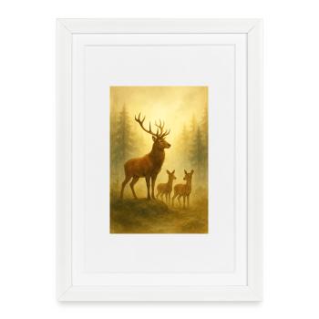 Famille des cerfs dorés dans la forêt - Affiche encadrée (27 × 37 cm) - blanc - Devant