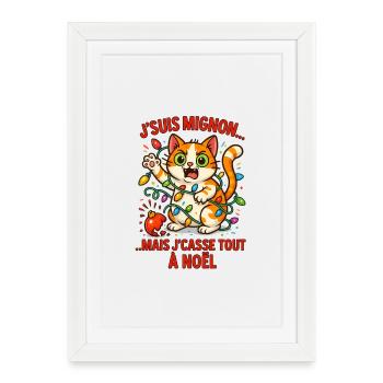 Chaton Noël Électrique et Guirlandes - Affiche encadrée (27 × 37 cm) - blanc - Devant