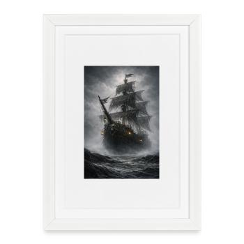 Le navire pirate fantôme dans le brouillard - Affiche encadrée (27 × 37 cm) - blanc - Devant
