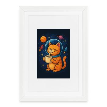 Chat en combinaison spatiale buvant du café - Affiche encadrée (27 × 37 cm) - blanc - Devant