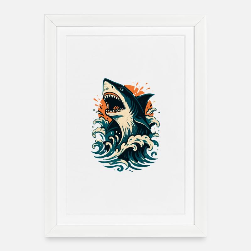 Le requin rugit à travers les vagues orangées - Affiche encadrée (27 × 37 cm) - blanc