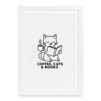 Coffee Cats and Books : design pour amoureux - Affiche encadrée (27 × 37 cm) - blanc - Devant