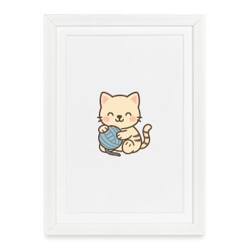 Cute kitten with blue skein - Framed poster (27 × 37 cm) - white - Front