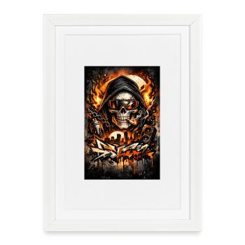 Crâne urbain avec une silhouette en flammes - Affiche encadrée (27 × 37 cm) - blanc - Devant