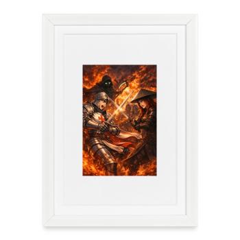Duel de chevaliers dans la tempête de feu - Affiche encadrée (27 × 37 cm) - blanc - Devant