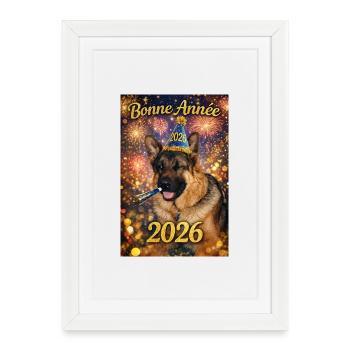 Bonne Année 2026 Chien Festif - Affiche encadrée (27 × 37 cm) - blanc - Devant