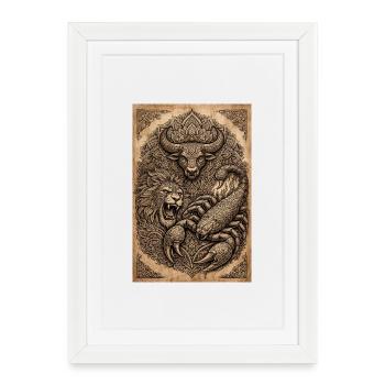 Animal Mandala: Lion Bison Snake - Framed poster (27 × 37 cm) - white - Front