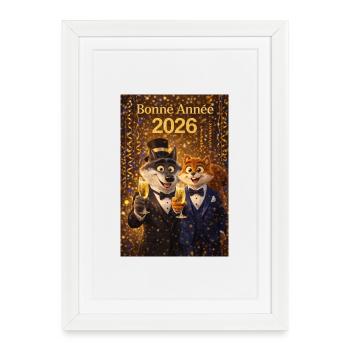 Happy New Year 2026 – Elegant Wolf and Squirrel - Framed poster (27 × 37 cm) - white - Front