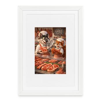 Mr le loup et Mr l'écureuil dans une boucherie - Affiche encadrée (27 × 37 cm) - blanc - Devant