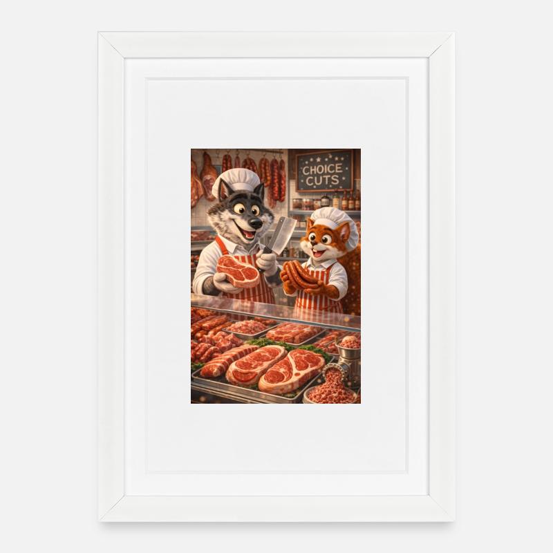 Mr. Wolf and Mr. Squirrel in a butcher's shop - Framed poster (27 × 37 cm) - white
