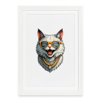 Happy Lady Cat - Sunglasses &amp; Gold Chains - Framed poster (27 × 37 cm) - white - Front