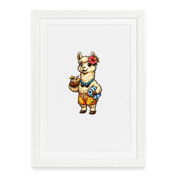 Llama on the beach with floral decoration - Framed poster (27 × 37 cm) - white - Front
