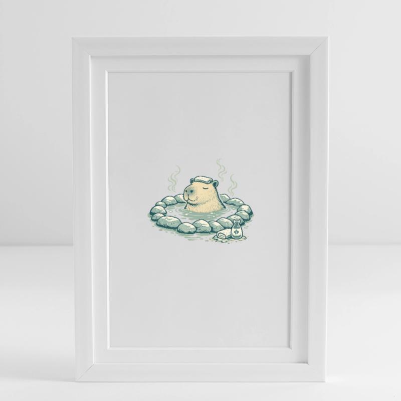 Capybara dans le bain de source Affiche encadrée (27 × 37 cm)