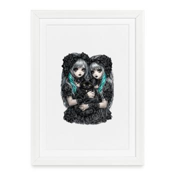 Gothic twins and black cat - Framed poster (27 × 37 cm) - white - Front