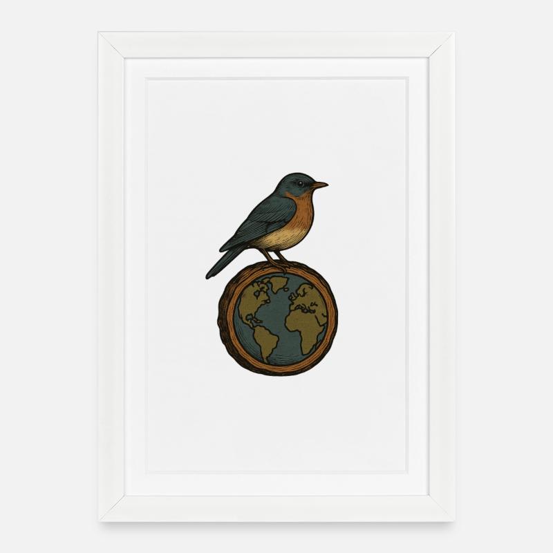 Robin auf World Globe - Gerahmtes Poster (27 × 37 cm) - Weiß