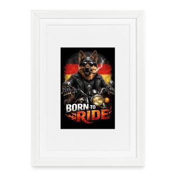 Born to Ride – German Shepherd Biker Edition - Gerahmtes Poster (27 × 37 cm) - Weiß - Vorne