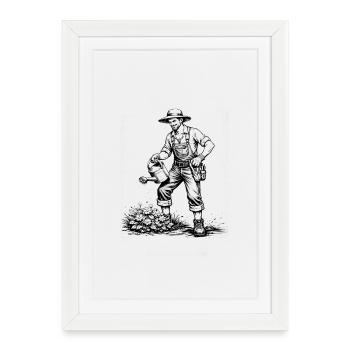 Jardinier qui arrose les fleurs dans un style de bande dessinée - Affiche encadrée (27 × 37 cm) - blanc - Devant