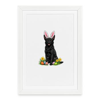 Chien de Pâques avec des oreilles de lapin et des œufs de Pâques - Affiche encadrée (27 × 37 cm) - blanc - Devant