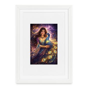 Femme indienne mystique avec un paon - Affiche encadrée (27 × 37 cm) - blanc - Devant