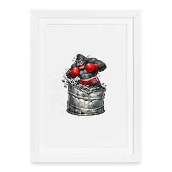 Gorille boxeur sortant du baril - Affiche encadrée (27 × 37 cm) - blanc - Devant