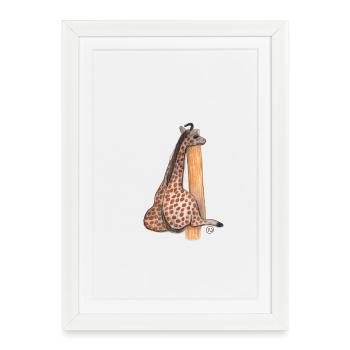 Giraffe Friend on Tree Trunk Watercolor Painting - Framed poster (27 × 37 cm) - white - Front