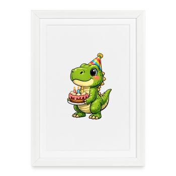 Little Dino with Birthday Cake - Framed poster (27 × 37 cm) - white - Front