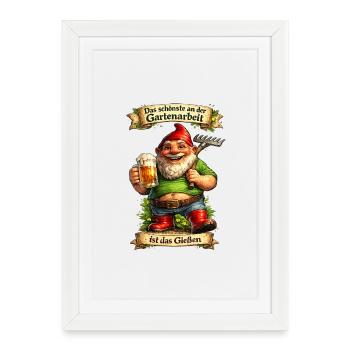 Garten-Gnom mit Bier und Spaten - Gerahmtes Poster (27 × 37 cm) - Weiß - Vorne