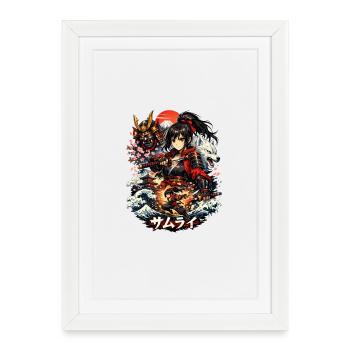 Roter Samurai mit Kirschblütenwellen - Gerahmtes Poster (27 × 37 cm) - Weiß - Vorne