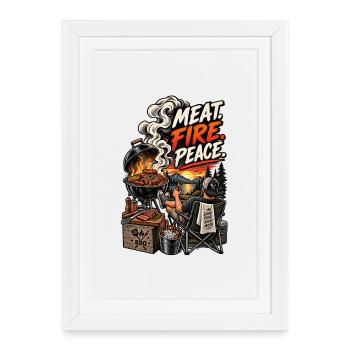 Meat, Fire, Peace, BBQ - Framed poster (27 × 37 cm) - white - Front