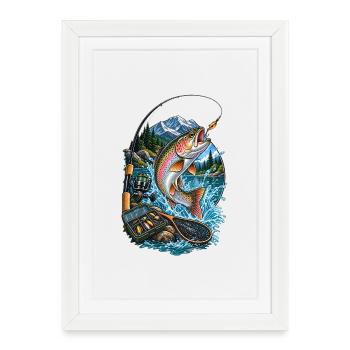 Poissons arc-en-ciel sautent au lac de montagne - Affiche encadrée (27 × 37 cm) - blanc - Devant