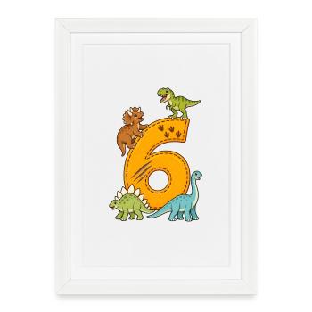 Dinosaure du 6e anniversaire – Dino Kids - Affiche encadrée (27 × 37 cm) - blanc - Devant