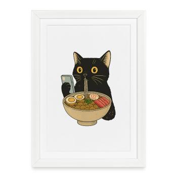 Vintage Ramen Cat Shirt – Cute Retro Kitty - Framed poster (27 × 37 cm) - white - Front