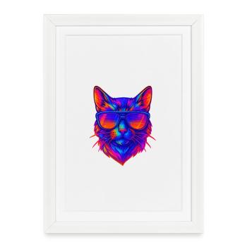 Chat néon vibrant avec lunettes de soleil - Affiche encadrée (27 × 37 cm) - blanc - Devant