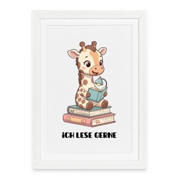 Lernende Giraffe mit Lesestapel - Gerahmtes Poster (27 × 37 cm) - Weiß - Vorne