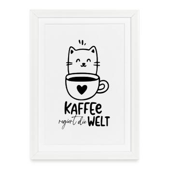 Kaffee regiert die Welt - Katze mit Kaffeetasse - Gerahmtes Poster (27 × 37 cm) - Weiß - Vorne