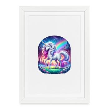 Regenbogen-Einhorn im Waldtraum - Gerahmtes Poster (27 × 37 cm) - Weiß - Vorne