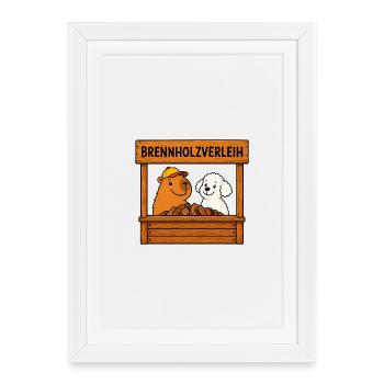 Brennholz Stand mit Hund und Capybara - Gerahmtes Poster (27 × 37 cm) - Weiß - Vorne