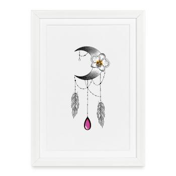 Lune orchidée plume et perle type attrape rêve  - Affiche encadrée (27 × 37 cm) - blanc - Devant