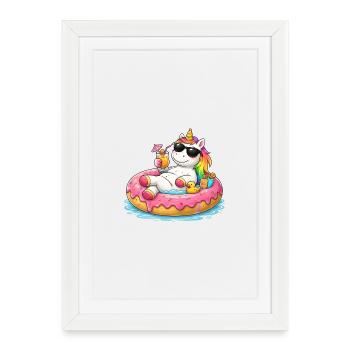 Licorne détendue en bouée – Humour été et attitude - Affiche encadrée (27 × 37 cm) - blanc - Devant