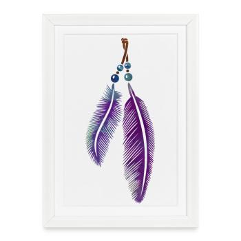 Plumes sur un ruban avec des perles. aquarelle. - Affiche encadrée (27 × 37 cm) - blanc - Devant