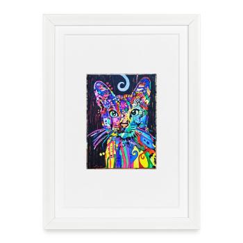 Portrait de chat au design psychédélique Pop Art - Affiche encadrée (27 × 37 cm) - blanc - Devant