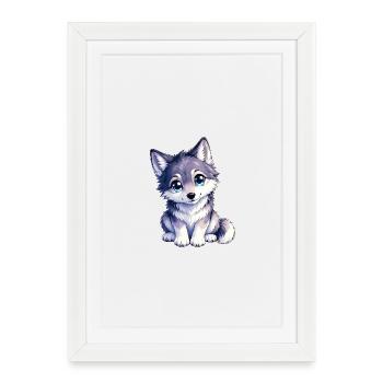 Chiot loup câlin aux yeux bleus - Affiche encadrée (27 × 37 cm) - blanc - Devant