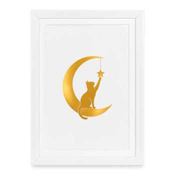 Golden Crescent Moon with a Cat - Framed poster (27 × 37 cm) - white - Front