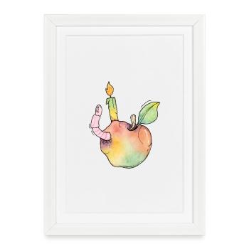 sweet apple with birthday candle and earthworm - Framed poster (27 × 37 cm) - white - Front