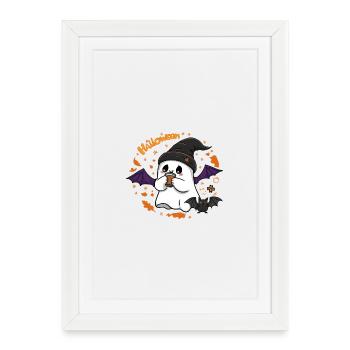Cute ghost Halloween with hat and coffee - Framed poster (27 × 37 cm) - white - Front