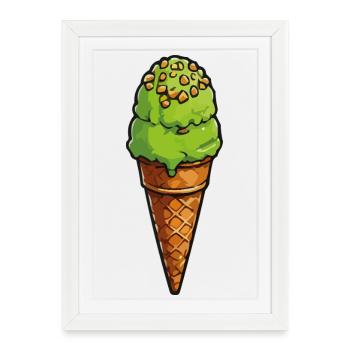 Pistazien Grünes Eis am Waffelcone - Gerahmtes Poster (27 × 37 cm) - Weiß - Vorne