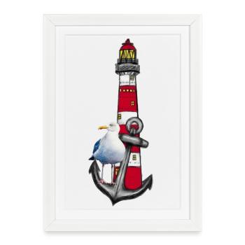 Phare Plage Oiseau Graphique Ancre - Affiche encadrée (27 × 37 cm) - blanc - Devant